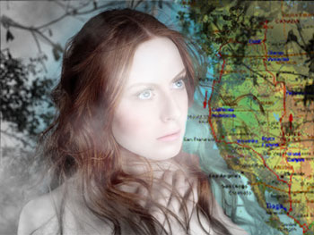 Red-haired woman seen through fog with map of West Coast