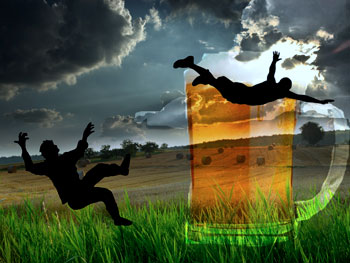 Falling and flying man on landscape with beer