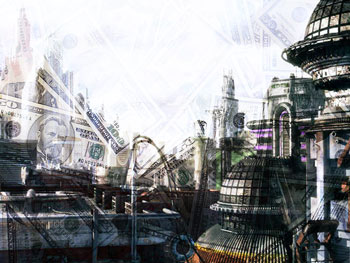 Futuristic city with superimposed money