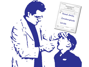 Boy examined by doctor, with prescription to read, contemplate and write