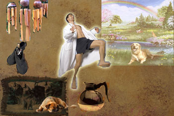 Collage of wolf blanket, slippers, czar, dog, coffee pot, man in bathrobe and heaven