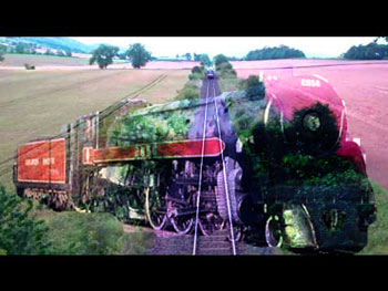 Steam engine superimposed over train tracks