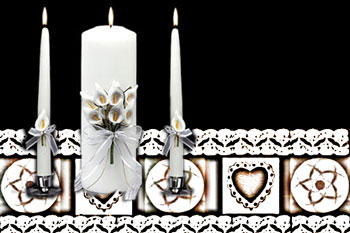 Unity candle on lace runner with hearts and patterns from Indian baskets