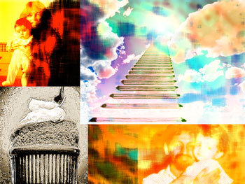 Photos on swirling background with souffle and stairs