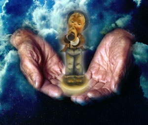 Old woman's hands with figurine over cloud background