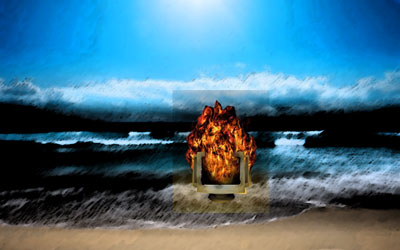 Flaming computer in ocean