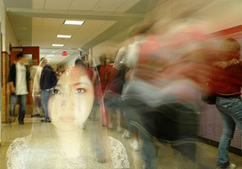 Ghostly girl in a high school hallway