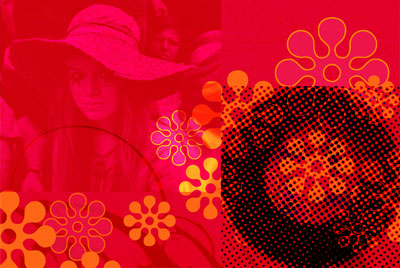 Hippy girl and record on red flowered background