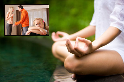 Woman meditating with inset of arguing family