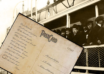 Immigrants on boat with postcard