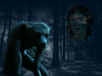 Werewolf in dark woods with mysterious superimposed face