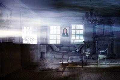 Ghostly room with colorful portrait