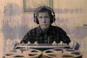 John Cage in 1981, with one of his art works superimposed