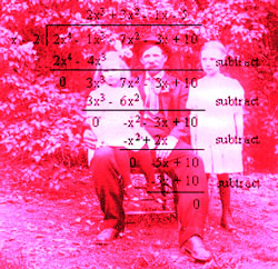 Historic photo of man with daughters, with long division overlaid