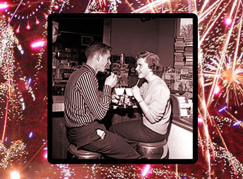 1950s teens at soda fountain, with firework border