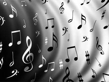 Black and white music notes on water ripple background