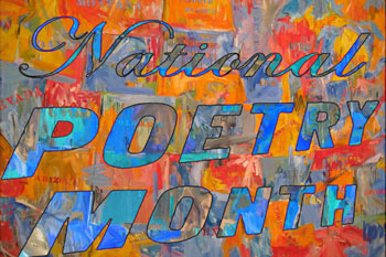 National Poetry Month graphic over Jasper Johns USA painting