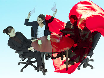 Angry office workers with superimposed red cape