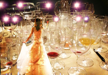 Opera singer serenading empty wine glasses