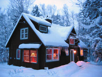 Woman staring out of snowy cabin