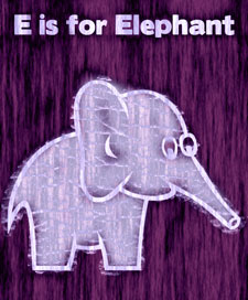 Purple page saying 'E is for Elephant' with an elephant