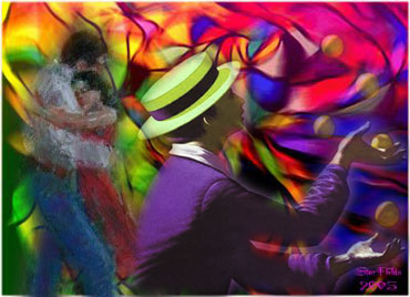 Dancers and juggler on colorful background