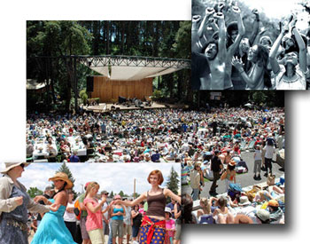 Folk festival with hippies and modern dancers