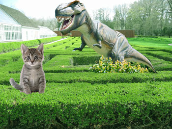 Hedge maze with kitten and dinosaur