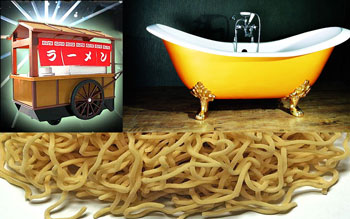 Ramen cart with bathtub on a bed of noodles