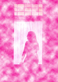 Silhouette of woman in window, behind pink clouds