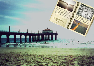 Beach with pier and sketchbook