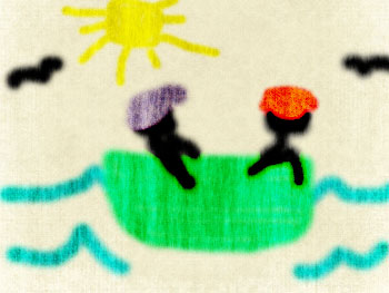 Child-like drawing of stick figures in boat