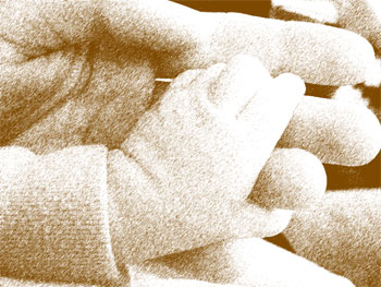 Adult hand holding baby hand, with sketch filter