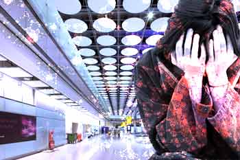 Woman crying in airport with superimposed fractal