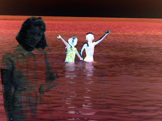 Ghostly girl with children at ocean