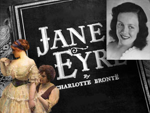 Jane Eyre book with Victorian woman, B&W photo