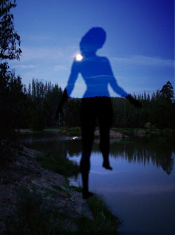 Silhouette by moonlit pond