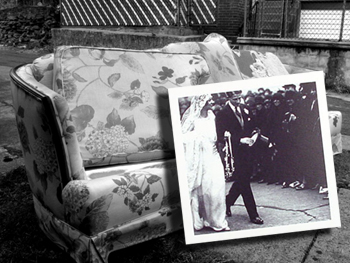 Vintage wedding photo in front of an old couch on the curb