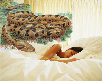 Woman sleeping, with a snake slithering toward her