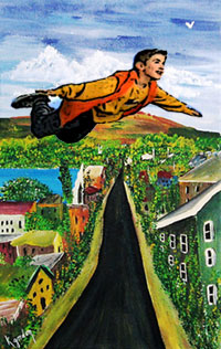 Boy flying over painted landscape
