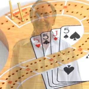 Cribbage board with ghostly man