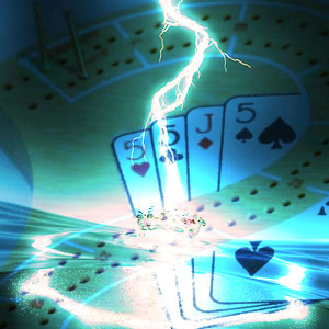 Cribbage board with lightning strike