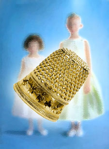 Girls in dresses, with golden thimble