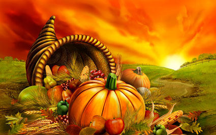 Thanksgiving landscape with cornucopia and pumpkins