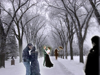 Three couples on a wintry road