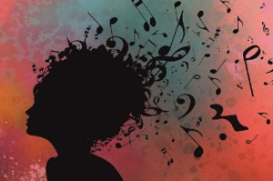 Woman with music notes coming out of hair