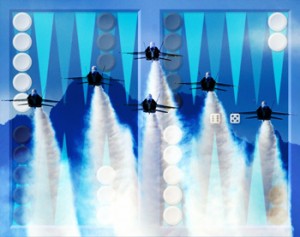 Blue Angels in formation superimposed over backgammon board.