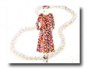 A pixellated woman in a 1960s silhouette dress, with superimposed pearls.