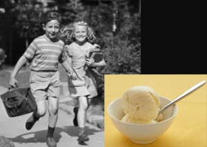 1950s boy and girl running with bowl of ice cream