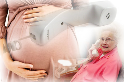 Pregnant woman, old woman and phone